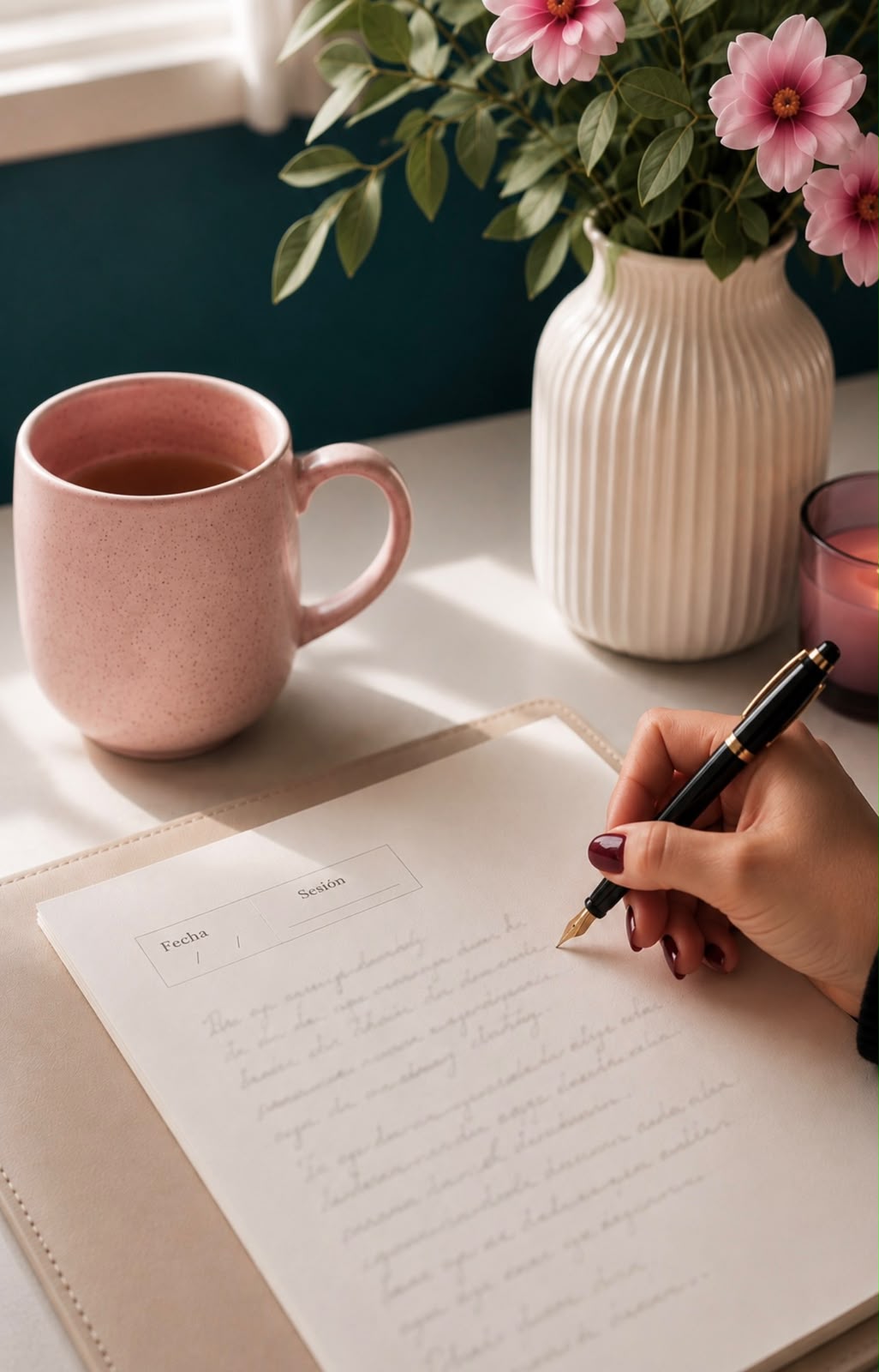 Detalle del espacio de consulta: una taza de té, flores y un cuaderno de sesión sobre el escritorio