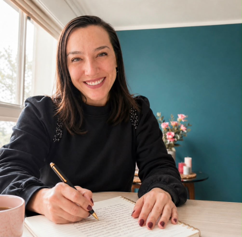 Paulina Ferrera durante el trabajo terapéutico, escribiendo en su cuaderno de sesión